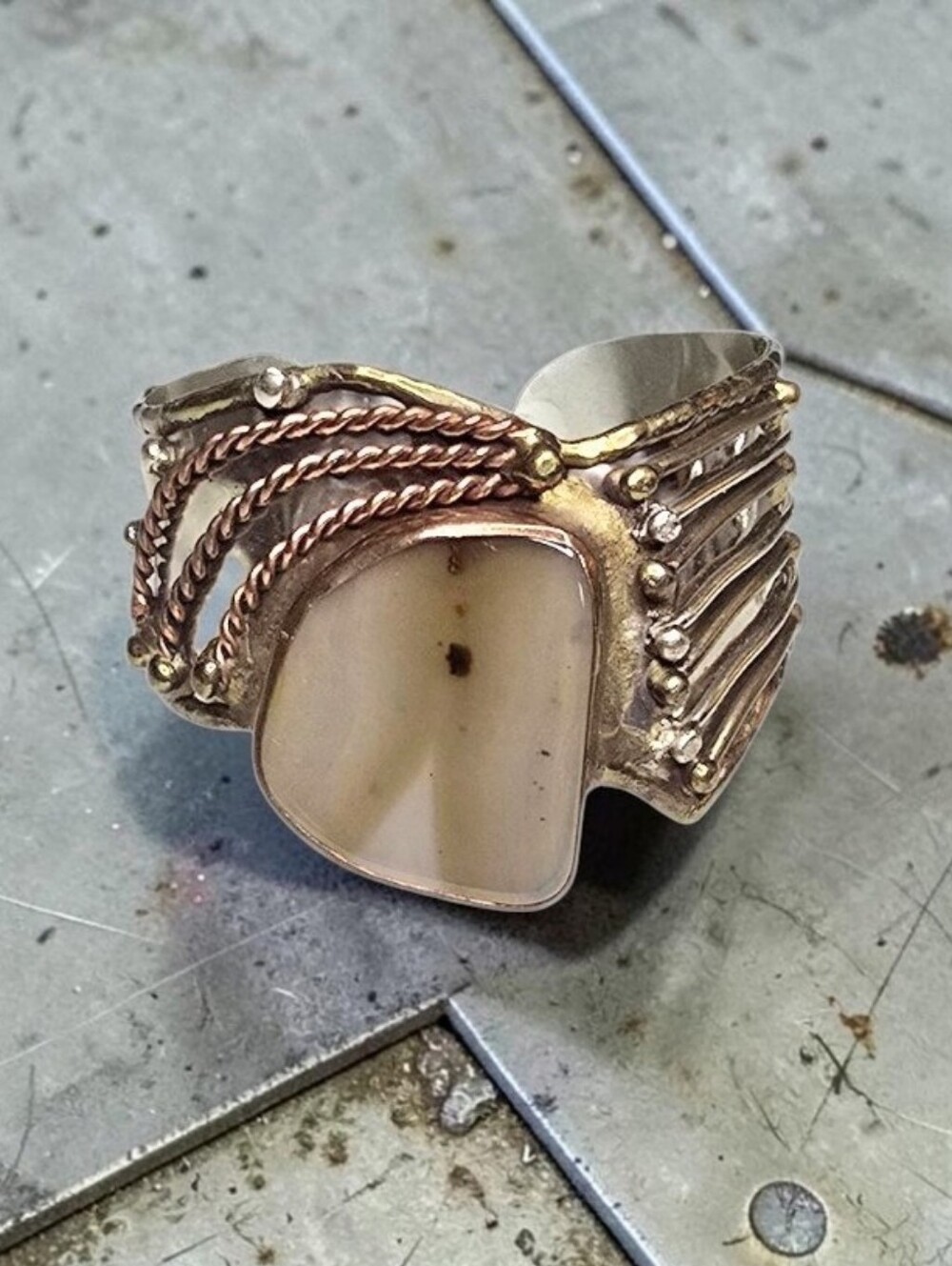 Vintage Modernist Brutalist Mixed Metal & Agate Cuff Bracelet